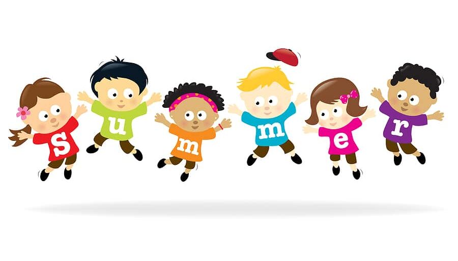 Cartoon-style image of six kids jumping in the air, each with a single letter of the word summer on their plain-colored t-shirt.