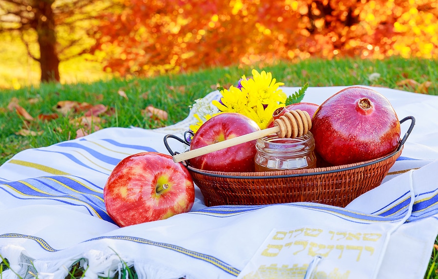 Image of traditional foods for Rosh Hashana, including apples, honey with stirring stick, and pomegranates lie on a blanket on grass in fall.