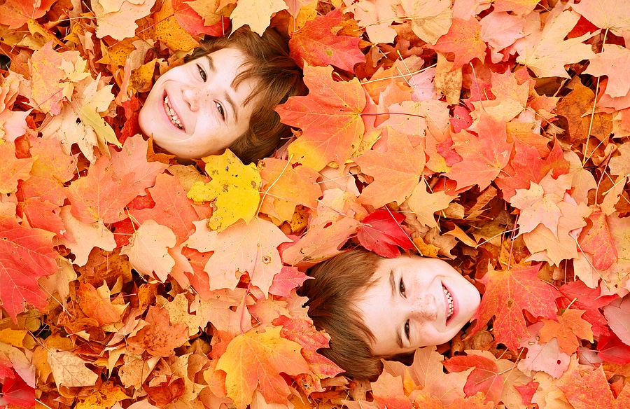 Image of two young boys buried in a colorful pile of fallen leaves.