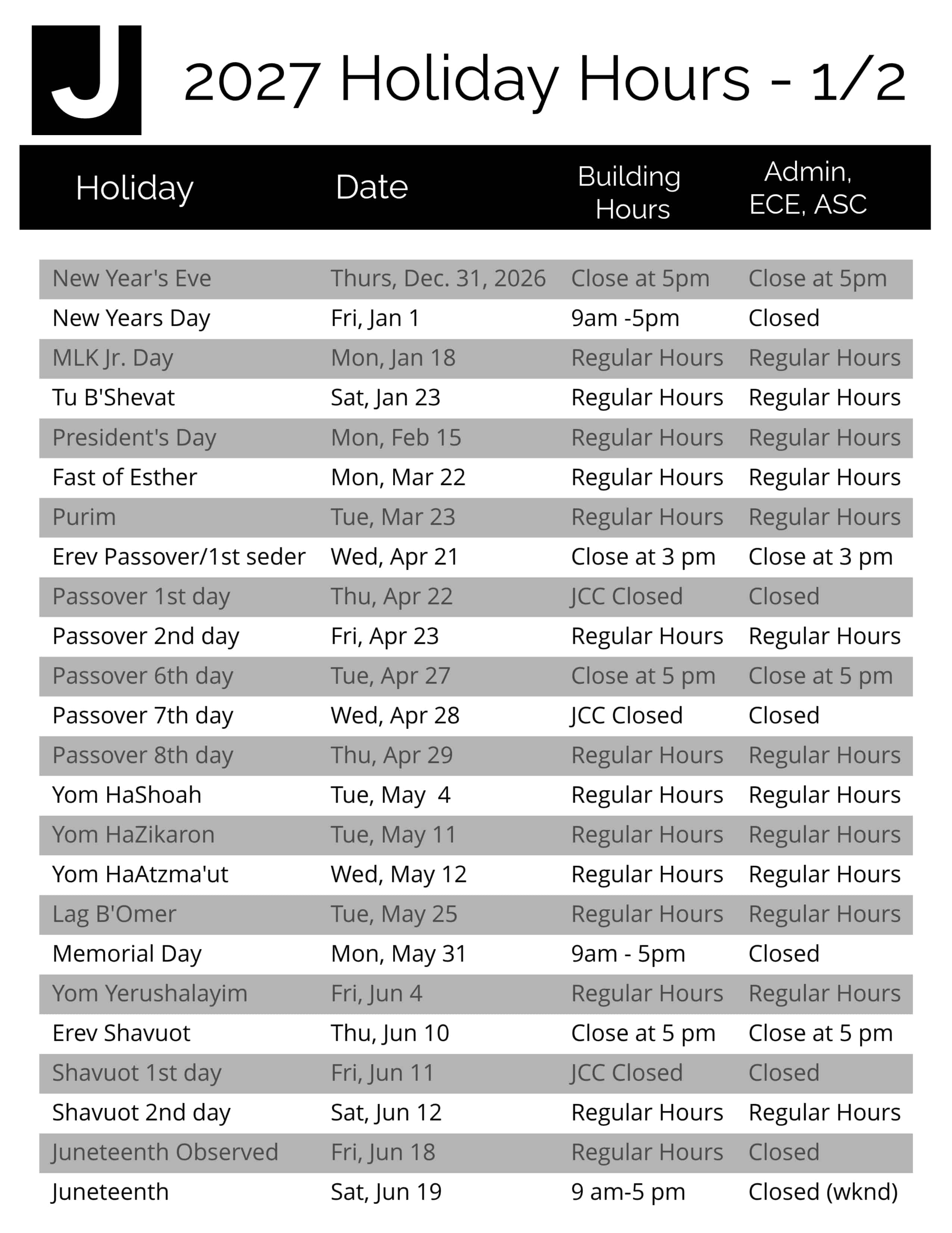 Holiday Hours 1/2